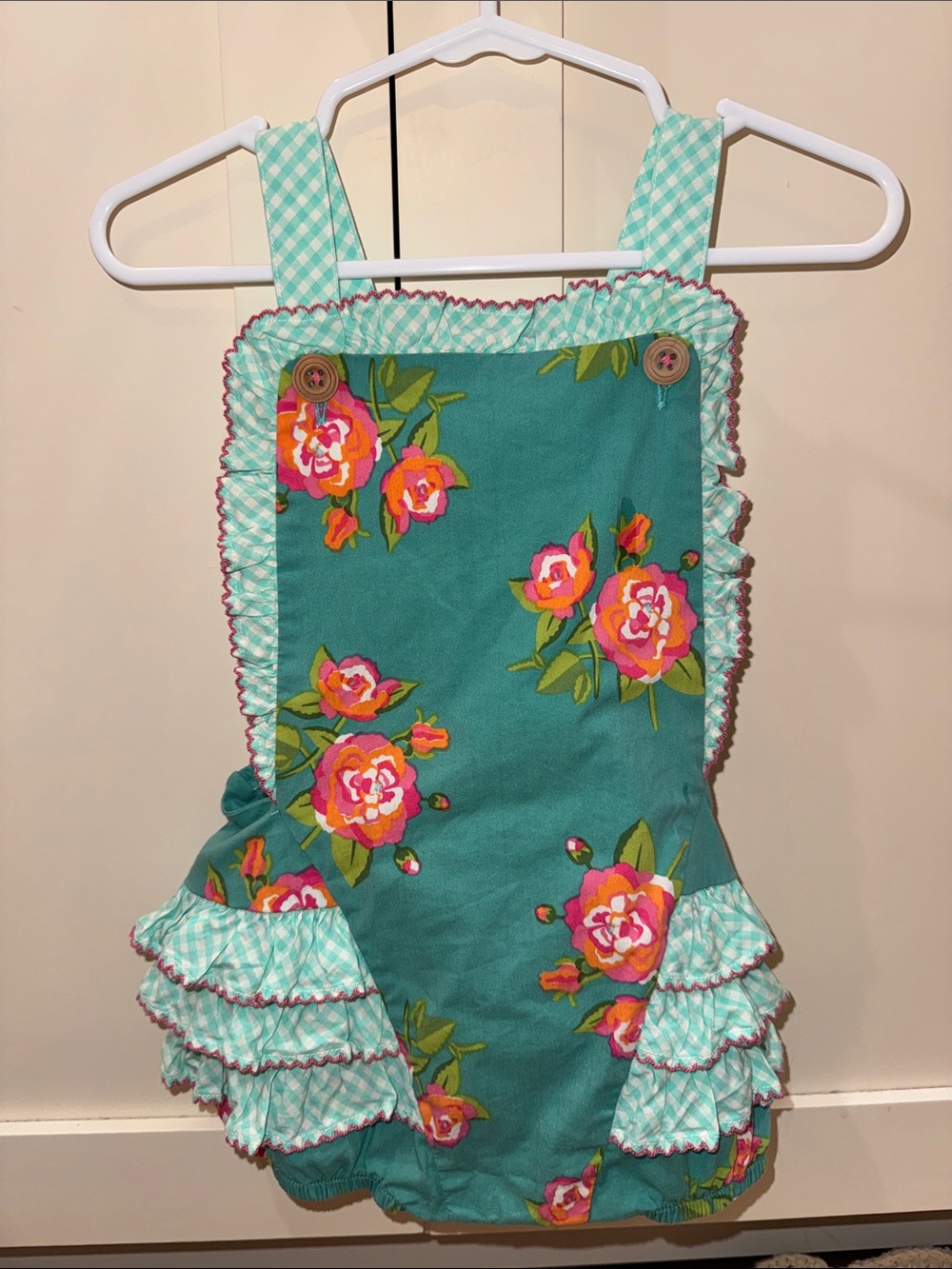 Matilda Jane Teal Floral Ruffle Diaper Cover with Pink Accents